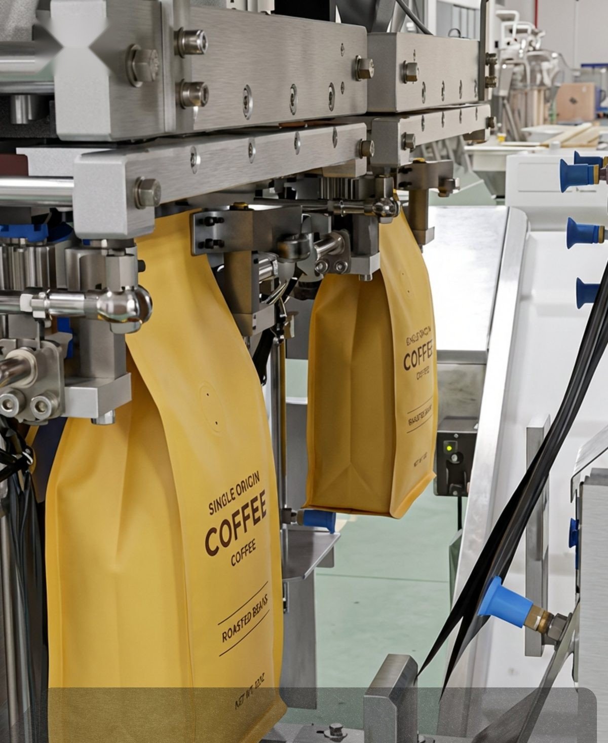 XJENINGS premade-pouch machine filling two coffee pouches at once — dual-lane configuration