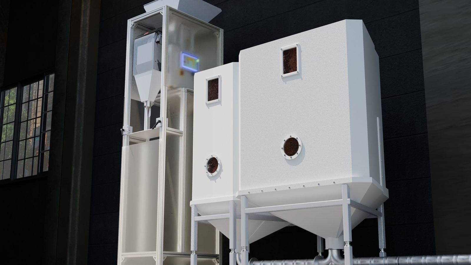 Medium-size XJENINGS HEX silo installed in a facility with discharge piping