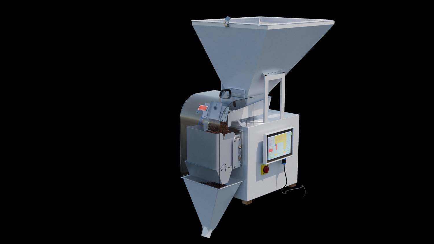 XJENINGS single-head weigher machine with touchscreen, clean studio render